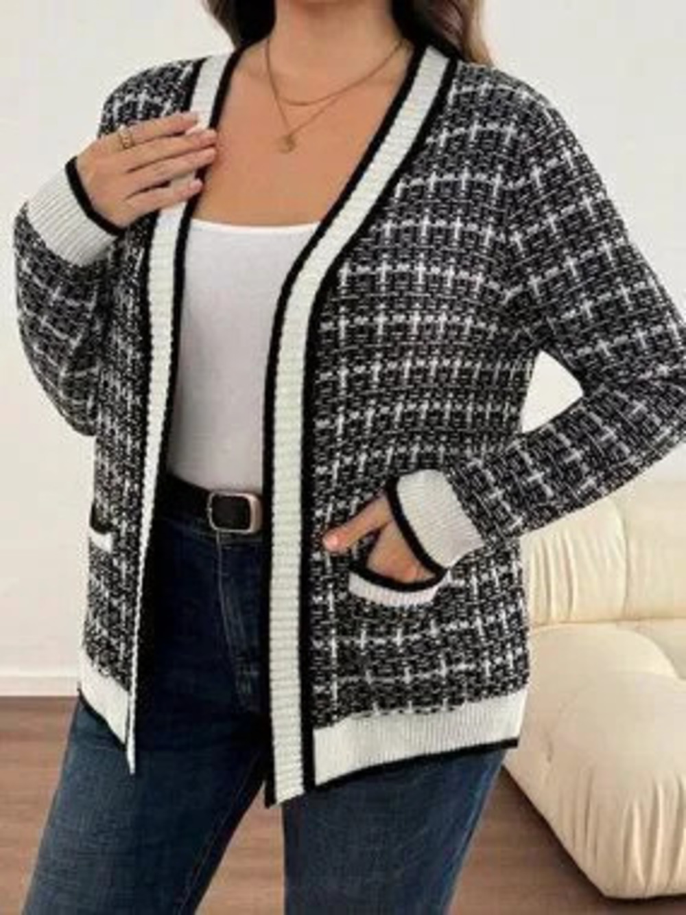 Black And White Casual Women's Plaid Long Sleeve Open Front Knit Cardigan